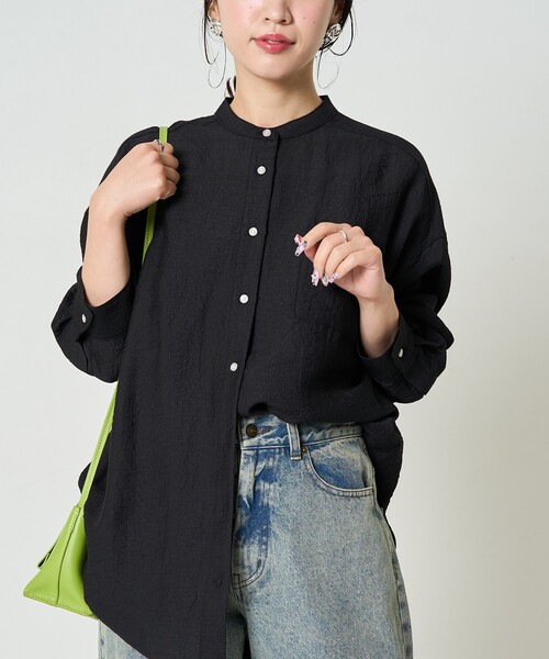 クロシェ ランダム プリーツ ノーカラー シアー 長袖シャツ 黒 70s 80s select MOCA（セレクトモカ） シャツ ブラウス ランダムプリーツノー