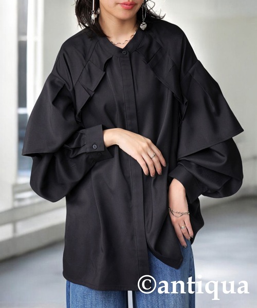 オンライン完売！　レア　antiqua フリルデザインシャツ　ブラック　新品 antiqua フリルデザインシャツ シャツ レディース トップス 送料