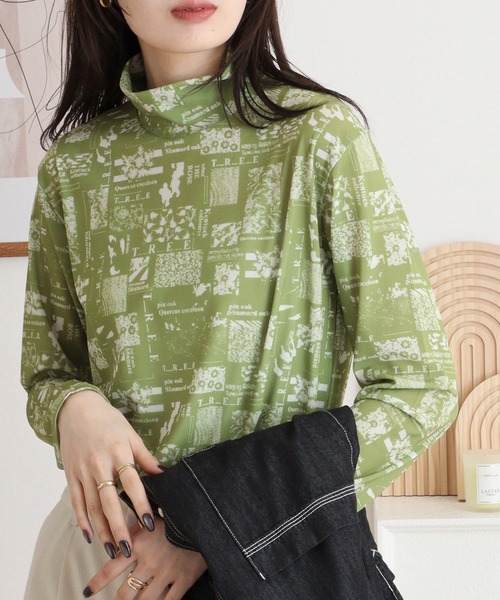BRODIAEA(ブローディア)の「BRODIAEA ハイネックパワーネットトップス 転写プリント(Tシャツ/カットソー・レディース・ダークネイビー/ブルー/ライム・40)」の4枚目の写真