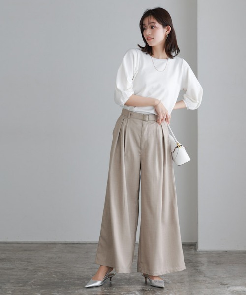 リネンライクベルト付きタックワイドパンツ（その他パンツ