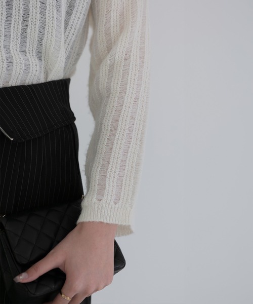 セール】【LEJA】メッシュプルオーバー透かし編みニットトップス