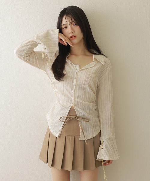 M DOLLY（エムドリー）の「stripe flare shirt tops/ストライプフレアシャツトップス（シャツ/ブラウス・レディース・アイボリー/ブラック・S/M）」の3枚目の写真
