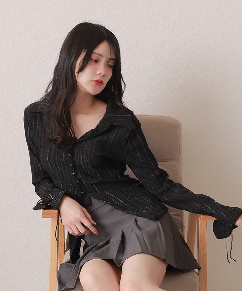M DOLLY（エムドリー）の「stripe flare shirt tops/ストライプフレアシャツトップス（シャツ/ブラウス・レディース・アイボリー/ブラック・S/M）」の7枚目の写真