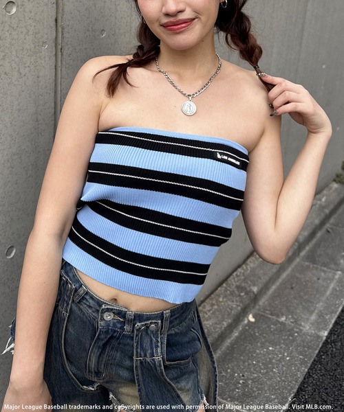 BACK TO THE FIELD（バック トゥー ザ フィールド）の「【MLB】ボーダーニットベアトップス（チューブトップ・レディース・オフホワイト/ネイビー/ブルー・FREE）」の3枚目の写真
