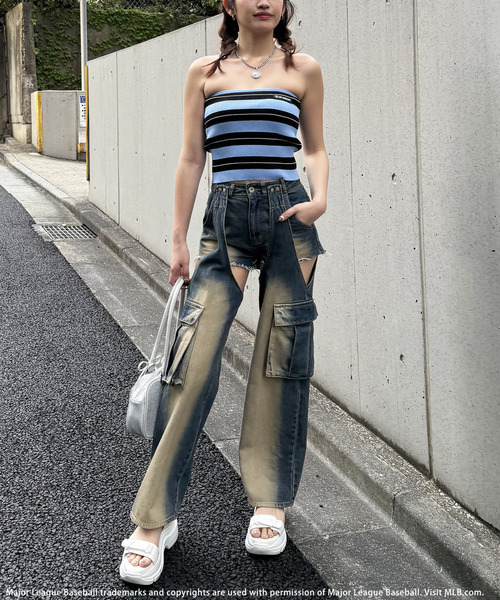 BACK TO THE FIELD（バック トゥー ザ フィールド）の「【MLB】ボーダーニットベアトップス（チューブトップ・レディース・オフホワイト/ネイビー/ブルー・FREE）」の15枚目の写真