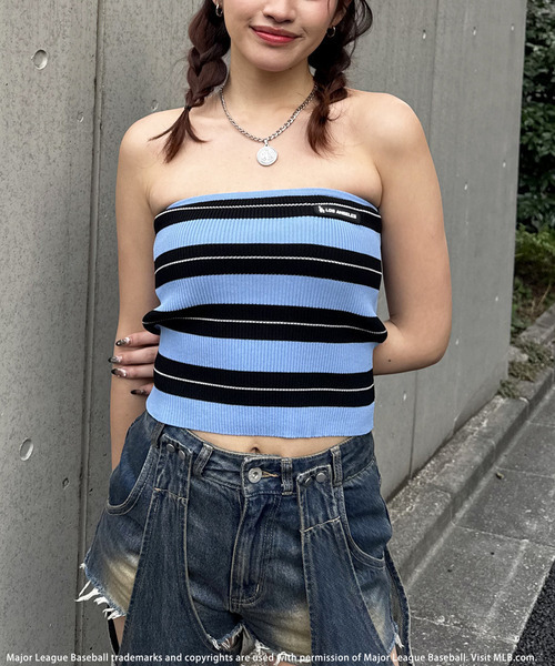 BACK TO THE FIELD（バック トゥー ザ フィールド）の「【MLB】ボーダーニットベアトップス（チューブトップ・レディース・オフホワイト/ネイビー/ブルー・FREE）」の16枚目の写真