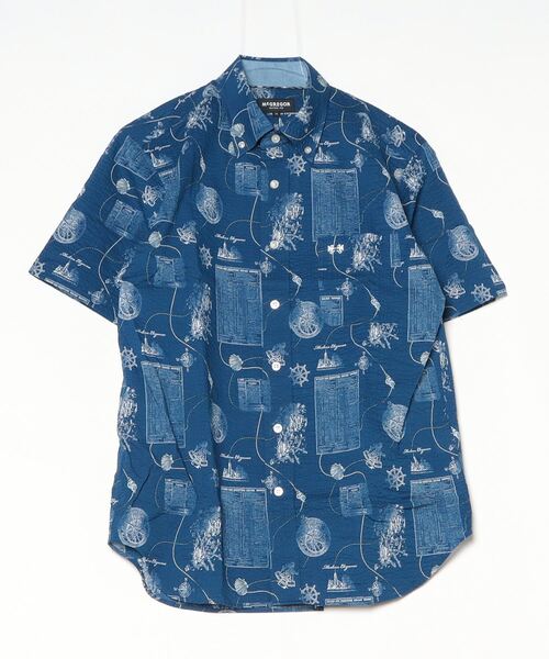 ★タグ付き★マックレガー ミッドセンチュリー柄 半袖シャツ XL ブルー セール】マリン柄シャツ（シャツ/ブラウス）｜McGREGOR