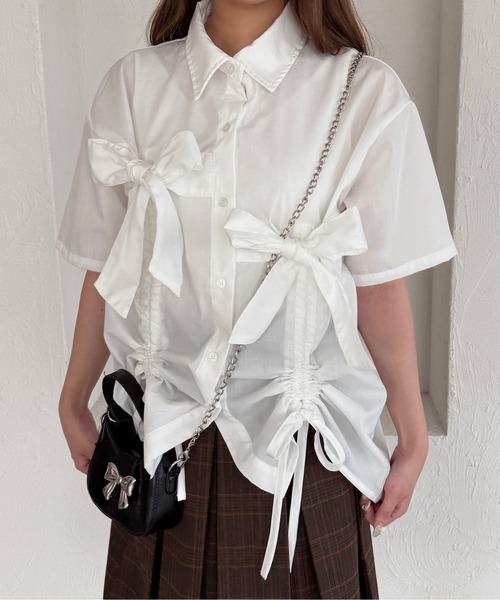 kutir（クティール）の「半袖アソートドロストリボンシャツ（シャツ/ブラウス・レディース・ボルドー/ベージュ/ライトブルー/オフホワイト/チャコールグレー・FREE）」の12枚目の写真