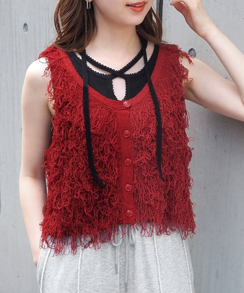 tiptop(ティップトップ)の「ループフリンジ2wayベスト(ベスト・レディース・アイボリー/チャコールグレー/ブラウン/レッド・FREE)」の4枚目の写真