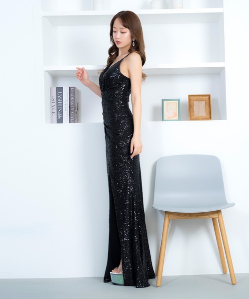 Tika(ティカ)の「キャバドレス ロング タイト ノースリーブ キャミソール 谷間見せ バストシースルー ゴージャス スパンコール ラップドレス(ドレス・レディース・ブラック/ホワイト・L/M/S/XL/XXL/XS)」の7枚目の写真