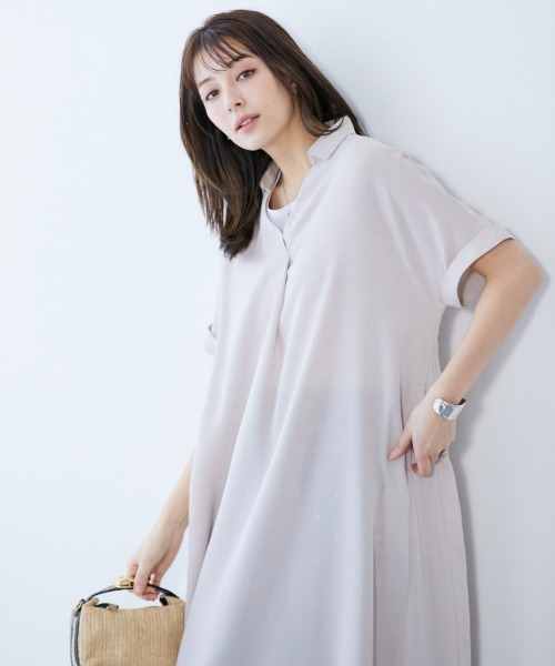 slattgir(スラットジール)の「高身長 麻調スキッパーデザインロングワンピース(トールサイズ)(ワンピース・レディース・ブルーグレー/ネイビー/ベージュ・4L~5L/LL~3L/M~L)」の1枚目の写真