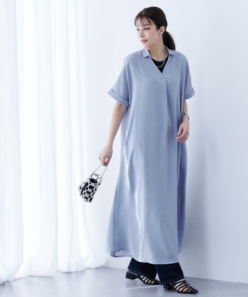 slattgir(スラットジール)の「高身長 麻調スキッパーデザインロングワンピース(トールサイズ)(ワンピース・レディース・ブルーグレー/ネイビー/ベージュ・4L~5L/LL~3L/M~L)」の2枚目の写真