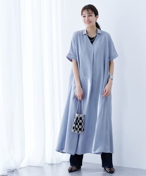 slattgir(スラットジール)の「高身長 麻調スキッパーデザインロングワンピース(トールサイズ)(ワンピース・レディース・ブルーグレー/ネイビー/ベージュ・4L~5L/LL~3L/M~L)」の12枚目の写真