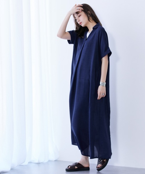 slattgir(スラットジール)の「高身長 麻調スキッパーデザインロングワンピース(トールサイズ)(ワンピース・レディース・ブルーグレー/ネイビー/ベージュ・4L~5L/LL~3L/M~L)」の9枚目の写真