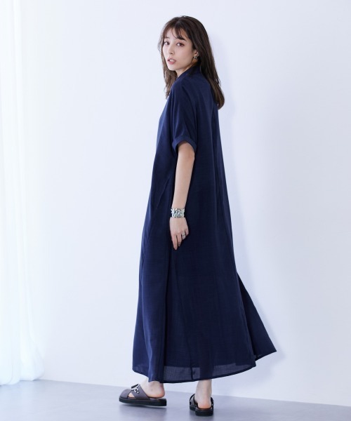 slattgir(スラットジール)の「高身長 麻調スキッパーデザインロングワンピース(トールサイズ)(ワンピース・レディース・ブルーグレー/ネイビー/ベージュ・4L~5L/LL~3L/M~L)」の10枚目の写真