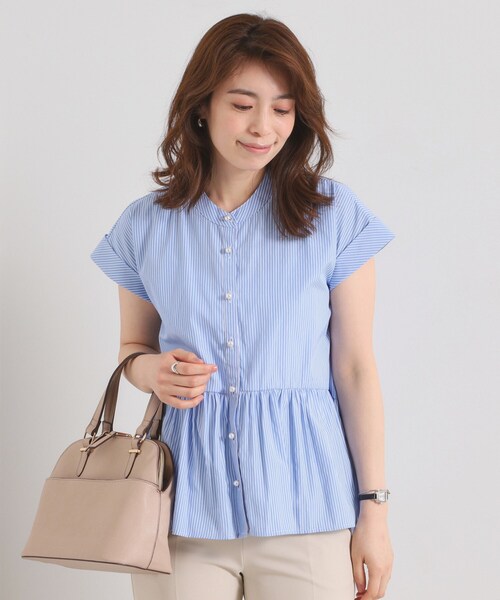 ITS'DEMO（イッツデモ）の「【接触冷感／手洗い可】ストライプペプラムブラウス（シャツ/ブラウス・レディース・パープル系1/サックスブルー系2/ブルー系2/ホワイト系5・00）」の2枚目の写真