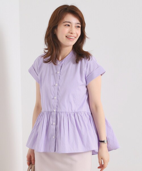ITS'DEMO（イッツデモ）の「【接触冷感／手洗い可】ストライプペプラムブラウス（シャツ/ブラウス・レディース・パープル系1/サックスブルー系2/ブルー系2/ホワイト系5・00）」の4枚目の写真