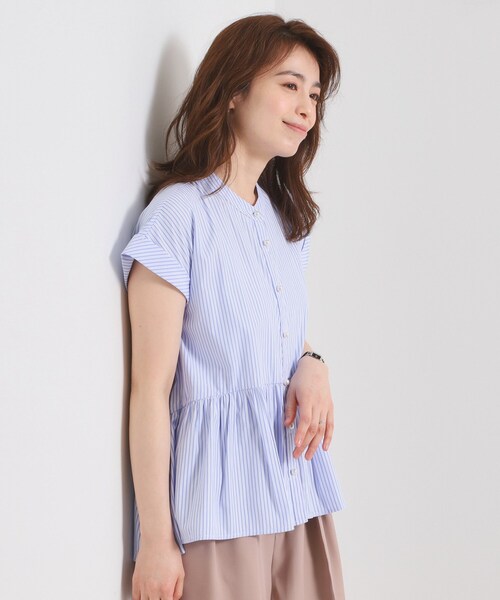 ITS'DEMO（イッツデモ）の「【接触冷感／手洗い可】ストライプペプラムブラウス（シャツ/ブラウス・レディース・パープル系1/サックスブルー系2/ブルー系2/ホワイト系5・00）」の5枚目の写真