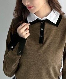 mily bilet | 【mily bilet】重ね着風で上品見え◎レイヤード風シャツダブル襟使いカフス切り替えニットプルオーバー（長袖）(ニット/セーター)