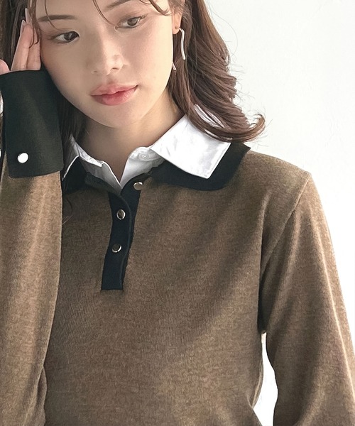 mily bilet（ミウィビレット）の「【mily bilet】重ね着風で上品見え◎レイヤード風シャツダブル襟使いカフス切り替えニットプルオーバー（長袖）（ニット/セーター・レディース・モカ/チャコールグレー/グレー/ネイビー・X-LARGE/LARGE/MEDIUM/SMALL）」の4枚目の写真