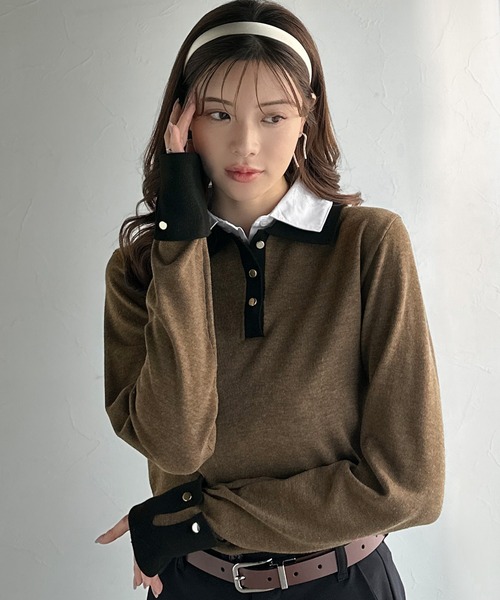 mily bilet（ミウィビレット）の「【mily bilet】重ね着風で上品見え◎レイヤード風シャツダブル襟使いカフス切り替えニットプルオーバー（長袖）（ニット/セーター・レディース・モカ/チャコールグレー/グレー/ネイビー・X-LARGE/LARGE/MEDIUM/SMALL）」の11枚目の写真