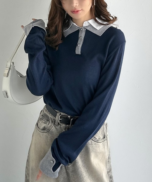 mily bilet（ミウィビレット）の「【mily bilet】重ね着風で上品見え◎レイヤード風シャツダブル襟使いカフス切り替えニットプルオーバー（長袖）（ニット/セーター・レディース・モカ/チャコールグレー/グレー/ネイビー・X-LARGE/LARGE/MEDIUM/SMALL）」の12枚目の写真