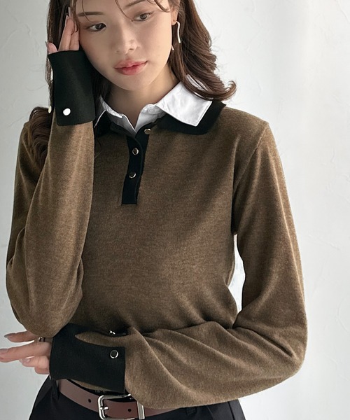 mily bilet（ミウィビレット）の「【mily bilet】重ね着風で上品見え◎レイヤード風シャツダブル襟使いカフス切り替えニットプルオーバー（長袖）（ニット/セーター・レディース・モカ/チャコールグレー/グレー/ネイビー・X-LARGE/LARGE/MEDIUM/SMALL）」の20枚目の写真