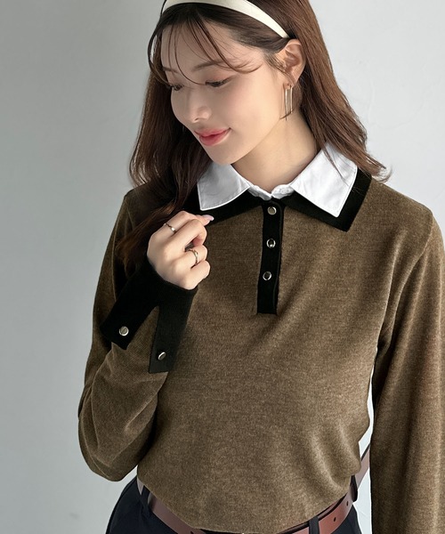 mily bilet（ミウィビレット）の「【mily bilet】重ね着風で上品見え◎レイヤード風シャツダブル襟使いカフス切り替えニットプルオーバー（長袖）（ニット/セーター・レディース・モカ/チャコールグレー/グレー/ネイビー・X-LARGE/LARGE/MEDIUM/SMALL）」の21枚目の写真