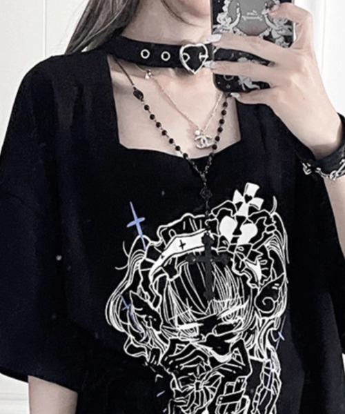 tシャツ A'GEM/9 × .kom 「TricuspidC/トライカスピッドシー」 †メンヘラエンジェルサスペンダー半袖Tシャツ† レディース A'GEM/9 × .kom 『TricuspidC/トライカスピッドシー』 †メンヘラ