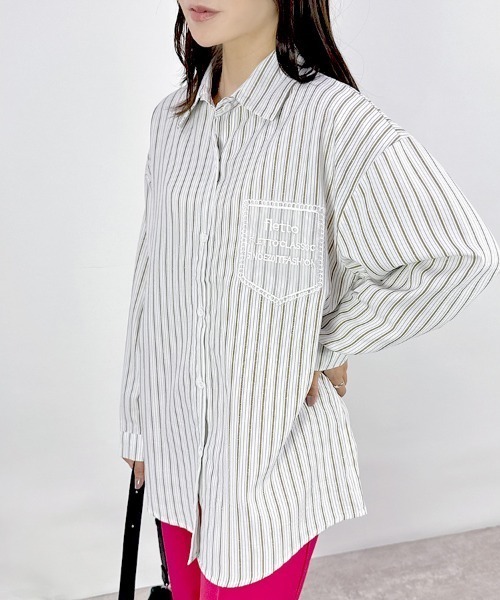 CLOTHY（クロシィ）の「【刺繍ポケットがアクセント◎1枚でサマになる旬シャツ】シアーポケットストライプシャツ（シャツ/ブラウス・レディース・アイボリー/マスタード/オフホワイト・MEDIUM）」の6枚目の写真