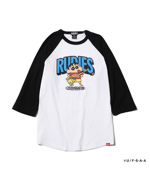 RUDIE'S(ルーディーズ)の「RUDIE'SxCRAYON SHINCHAN GUITAR RAGLANTEE/ルーディーズ×クレヨンしんちゃん ギターラグランTシャツ(Tシャツ/カットソー・メンズ・ホワイト×ネイビー/ホワイト×ブラック・XL/L/M/S)」の6枚目の写真