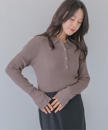 【HER CLOSET】大人のポロリブニット RIB KNIT POLO TOP