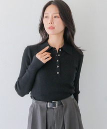 【HER CLOSET】大人のポロリブニット RIB KNIT POLO TOP