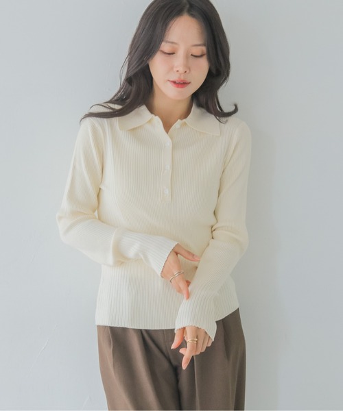 HER CLOSET（ハークローゼット）の「【HER CLOSET】大人のポロリブニット RIB KNIT POLO TOP（ニット/セーター・レディース・オフホワイト/グレイッシュベージュ/ブラック・MEDIUM）」の10枚目の写真
