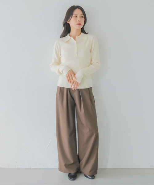 HER CLOSET（ハークローゼット）の「【HER CLOSET】大人のポロリブニット RIB KNIT POLO TOP（ニット/セーター・レディース・オフホワイト/グレイッシュベージュ/ブラック・MEDIUM）」の6枚目の写真