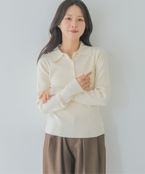 HER CLOSET（ハークローゼット）の「【HER CLOSET】大人のポロリブニット RIB KNIT POLO TOP（ニット/セーター・レディース・オフホワイト/グレイッシュベージュ/ブラック・MEDIUM）」の8枚目の写真