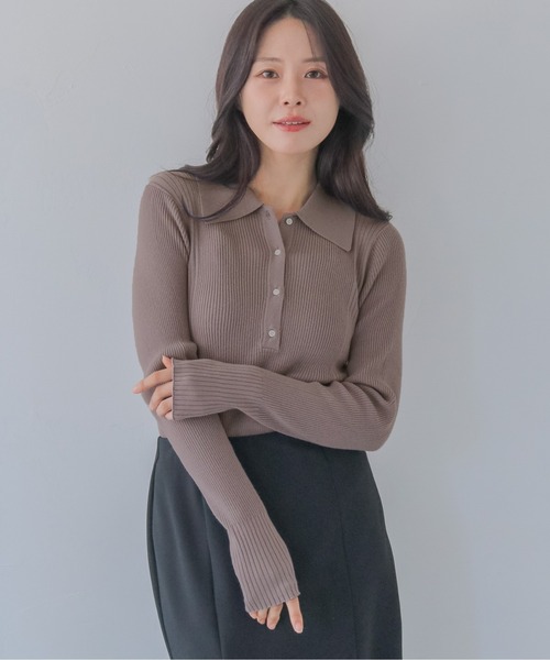 HER CLOSET（ハークローゼット）の「【HER CLOSET】大人のポロリブニット RIB KNIT POLO TOP（ニット/セーター・レディース・オフホワイト/グレイッシュベージュ/ブラック・MEDIUM）」の22枚目の写真