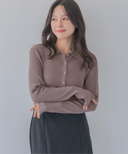 HER CLOSET（ハークローゼット）の「【HER CLOSET】大人のポロリブニット RIB KNIT POLO TOP（ニット/セーター・レディース・オフホワイト/グレイッシュベージュ/ブラック・MEDIUM）」の21枚目の写真