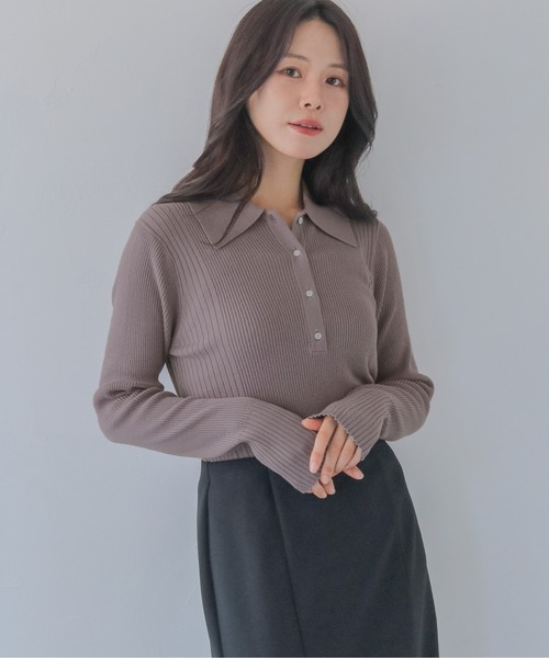HER CLOSET（ハークローゼット）の「【HER CLOSET】大人のポロリブニット RIB KNIT POLO TOP（ニット/セーター・レディース・オフホワイト/グレイッシュベージュ/ブラック・MEDIUM）」の19枚目の写真