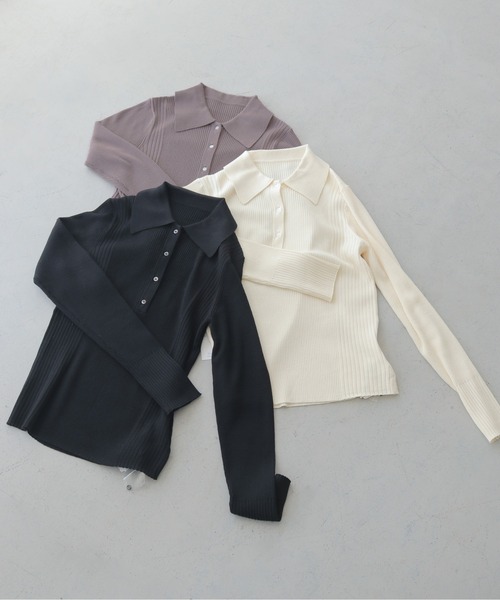 HER CLOSET（ハークローゼット）の「【HER CLOSET】大人のポロリブニット RIB KNIT POLO TOP（ニット/セーター・レディース・オフホワイト/グレイッシュベージュ/ブラック・MEDIUM）」の14枚目の写真