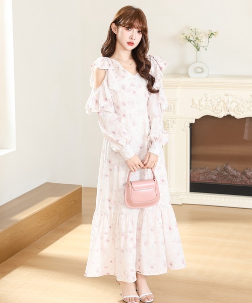 花柄 フリル オープンスリーブ ティアード ロング ワンピース