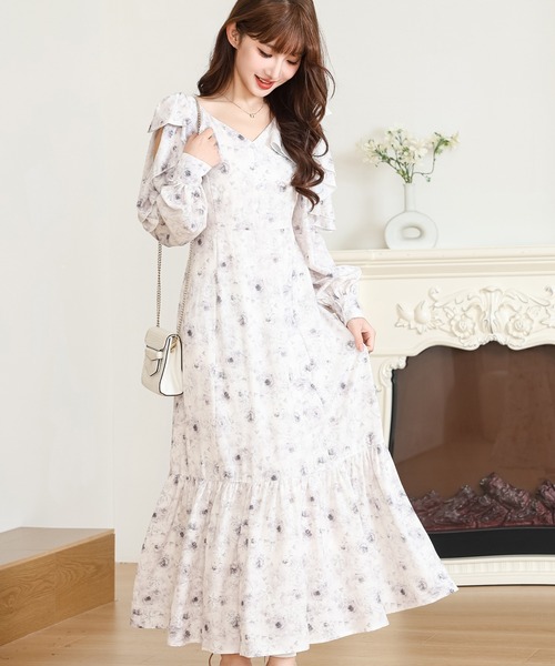 セール】花柄 フリル オープンスリーブ ティアード ロング ワンピース
