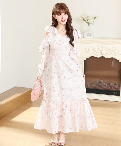 セール】花柄 フリル オープンスリーブ ティアード ロング ワンピース