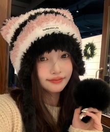 Mayree（メイリー）の「【urge select】《アニマルシリーズ》ねこ耳 ボーダー ふわふわ シャギーニット帽  (ポンポン付き）（ニットキャップ/ビーニー）」