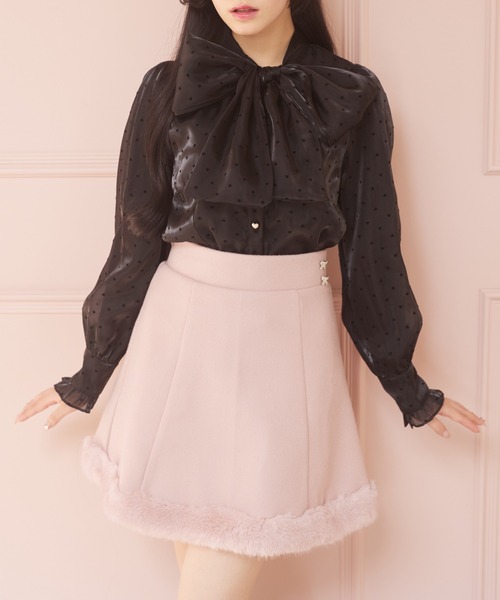 ミニスカート リボン ビジュー付き インナーパンツ付きビジューリボン装飾ファー切り替えミニスカート