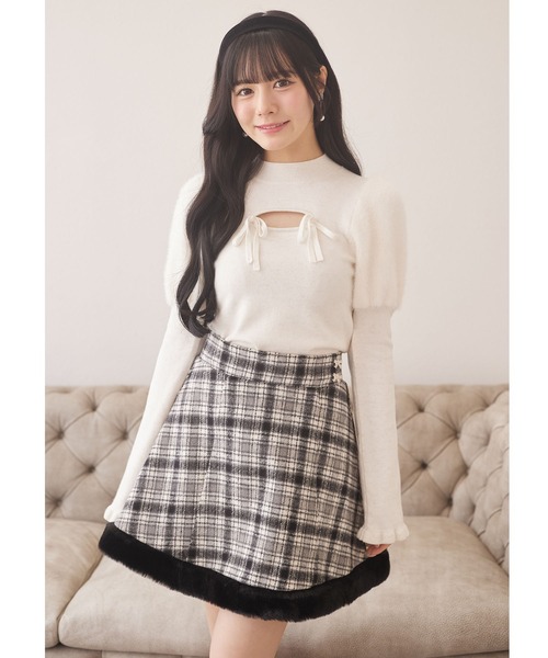 ミニスカート リボン ビジュー付き ビジューリボン付き裾ファー切り替えミニスカート（スカート）｜Suyunn