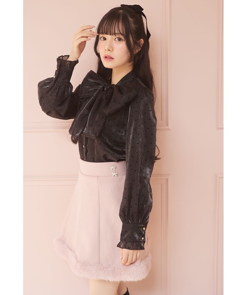 ミニスカート リボン ビジュー付き インナーパンツ付きビジューリボン装飾ファー切り替えミニスカート