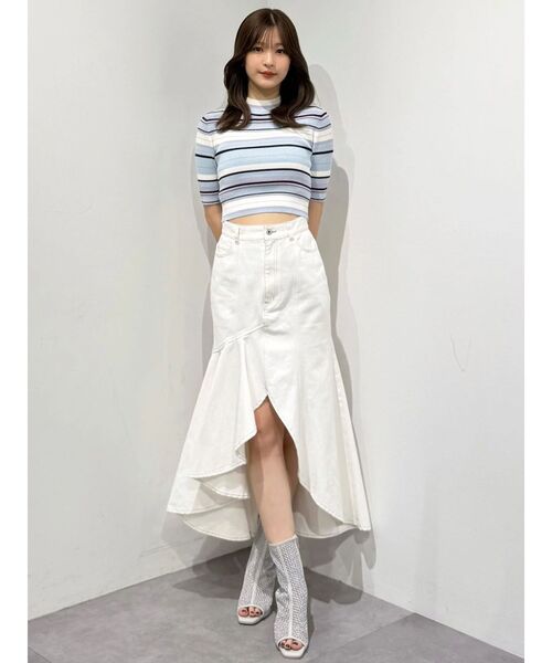 MERCURYDUO（マーキュリーデュオ）の「デニムイレギュラーヘムフレアスカート（スカート・レディース・ライトブルー/オフホワイト・MEDIUM/SMALL）」の10枚目の写真