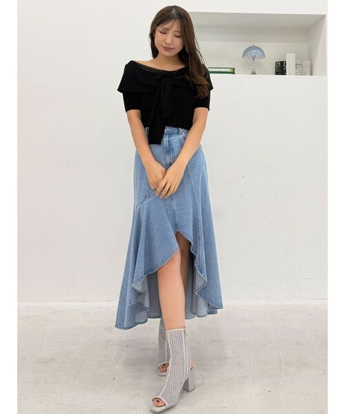MERCURYDUO（マーキュリーデュオ）の「デニムイレギュラーヘムフレアスカート（スカート・レディース・ライトブルー/オフホワイト・MEDIUM/SMALL）」の13枚目の写真