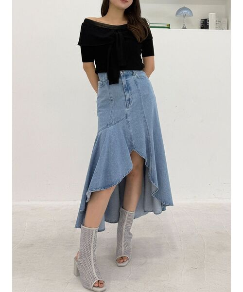 MERCURYDUO（マーキュリーデュオ）の「デニムイレギュラーヘムフレアスカート（スカート・レディース・ライトブルー/オフホワイト・MEDIUM/SMALL）」の14枚目の写真